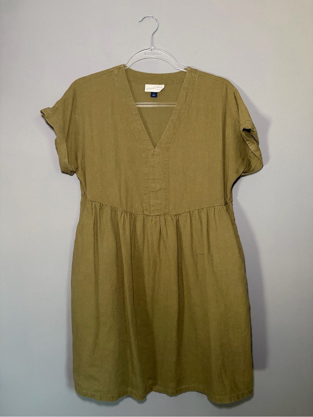 Universal Thread Olive Green Linen Blend Babydoll Mini Dress V Neck Small Fall